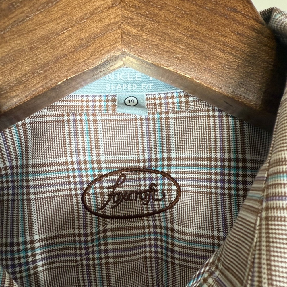 Foxcroft Wrinkle Free Brown Plaid Button Down Shirt Size 14 Career Office - Picture 6 of 10